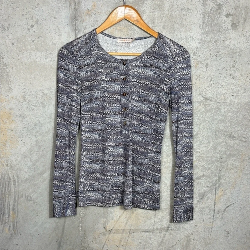 Tory Burch Amy Henley Silk Blue Patterned Long Sleeve Top